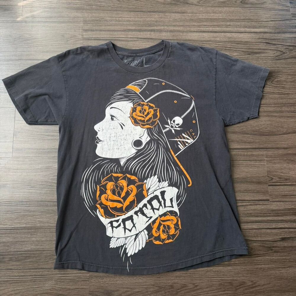 Y2K Streetwear fatal Graphic Tattoo chola rose skate distressed Tee Sz Large